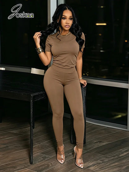 Women's Short Sleeve Solid Round Neck Two Piece Set Wine Red – Front View