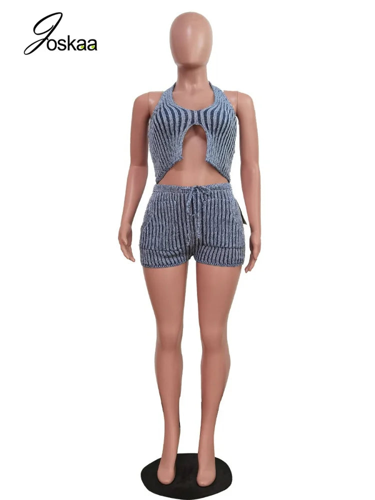 Women's Striped Ribbed Knit Backless Halter Two Piece Set - Detail View