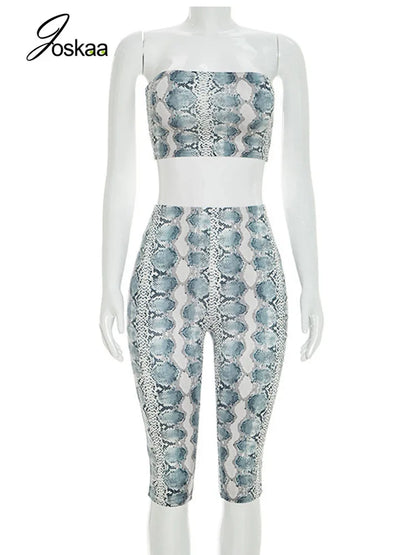 Women's Snake Print Strapless Crop Two Piece Set Gray – Back View