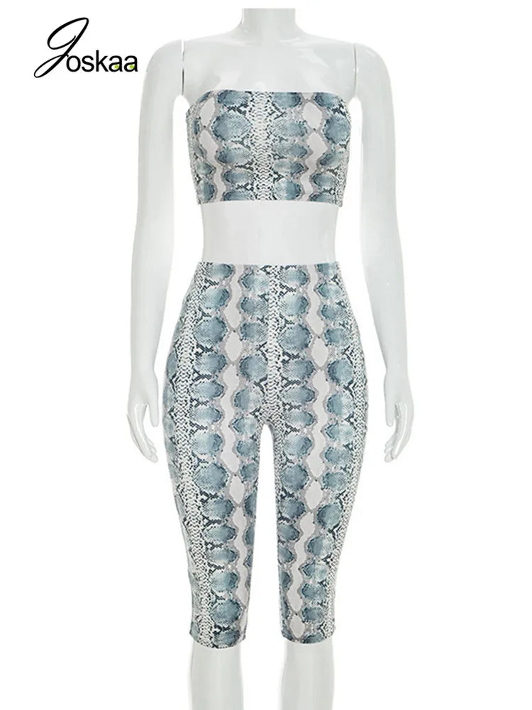 Women's Snake Print Strapless Crop Two Piece Set Gray – Back View
