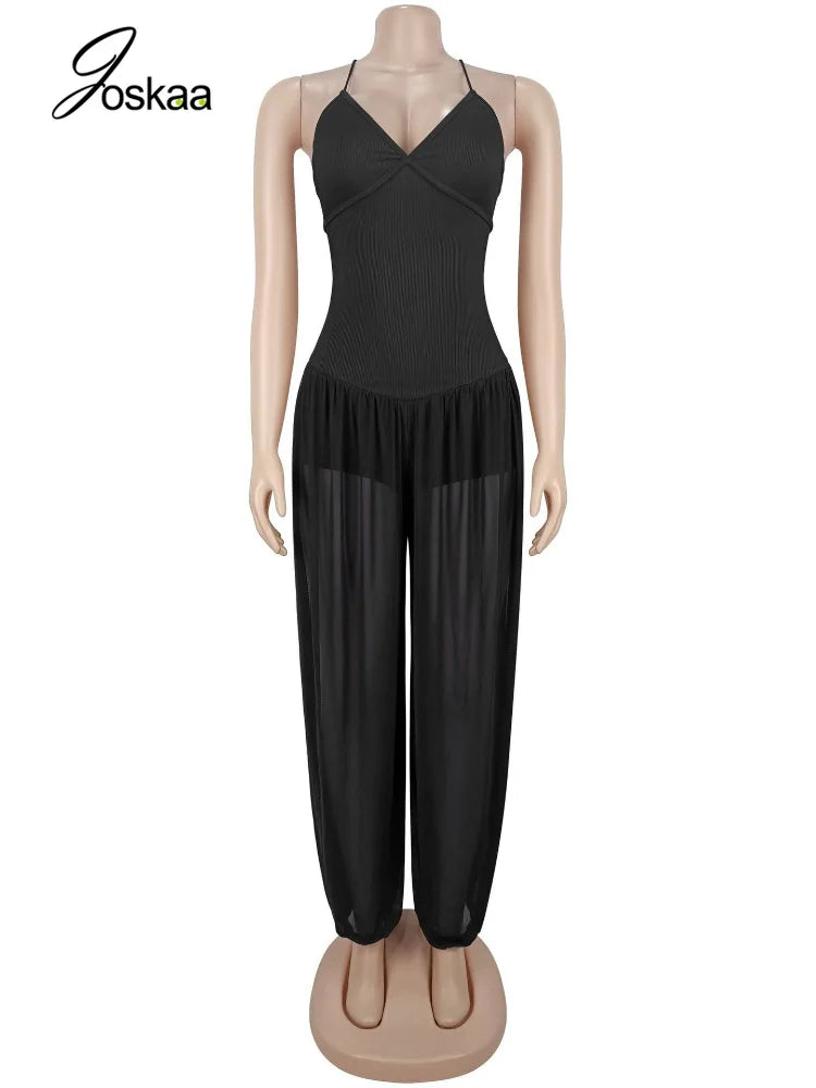 Women's Mesh Lace V-neck Sleeveless Romper - Back View