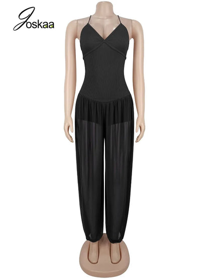Women's Mesh Lace V-neck Sleeveless Romper - Back View