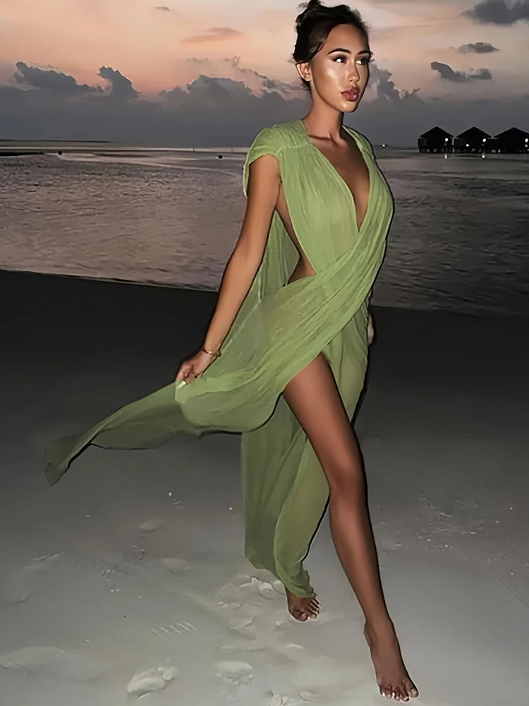 Women's Mesh Sheer Deep V-neck Maxi Dress