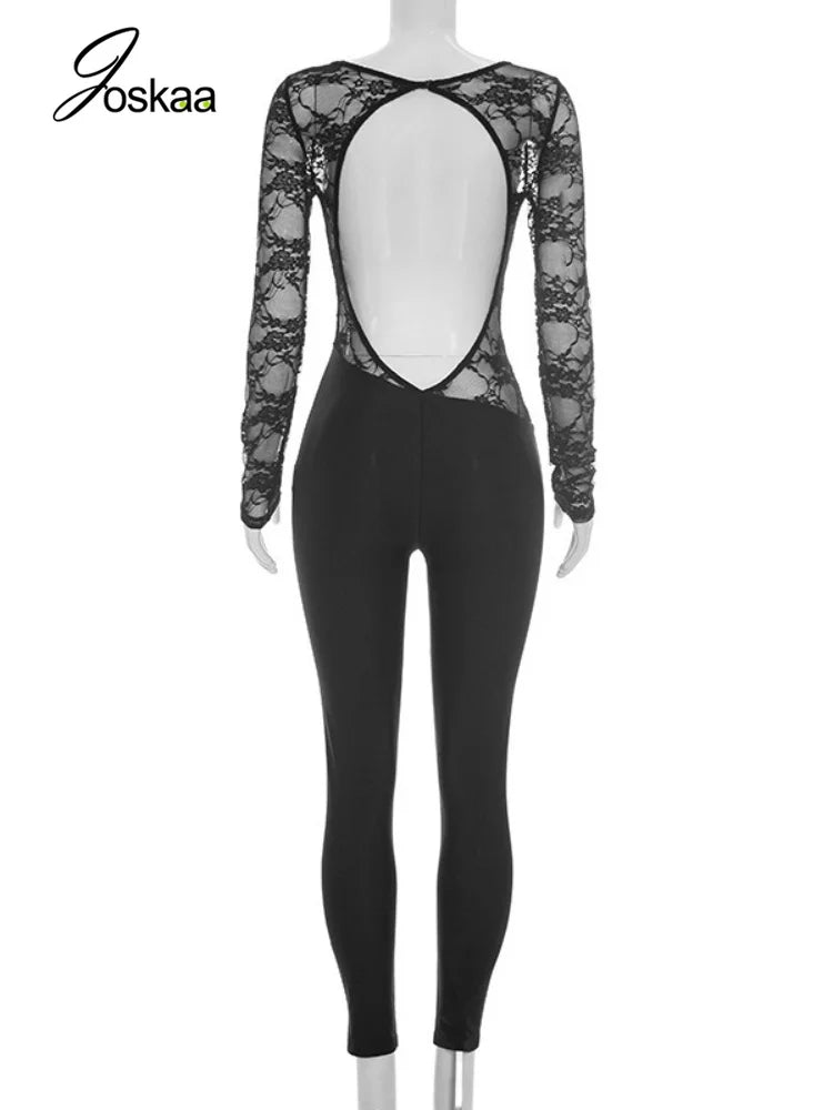 Women's Mesh Lace Backless Long Sleeve Romper - Detail View