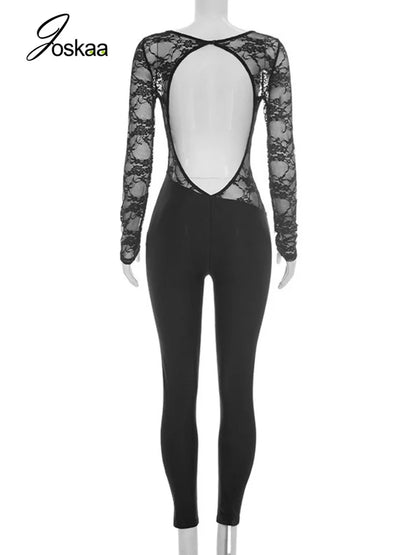 Women's Mesh Lace Backless Long Sleeve Romper - Detail View