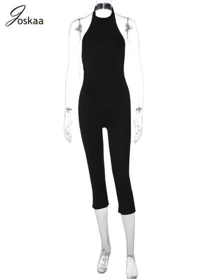 Women's Knit Backless Halter Bodycon Romper Black – Back View