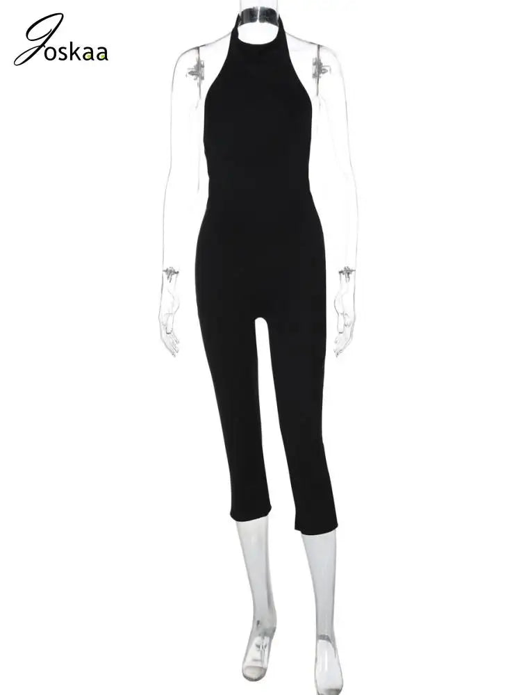 Women's Knit Backless Halter Bodycon Romper Black – Back View