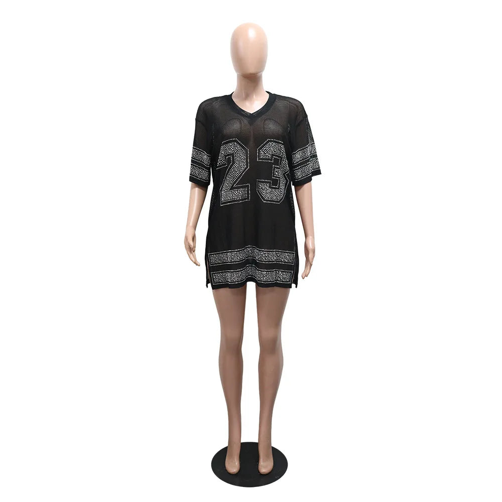 Women's Mesh Rhinestone V-neck Top Sheer Longline Short - Additional View 10
