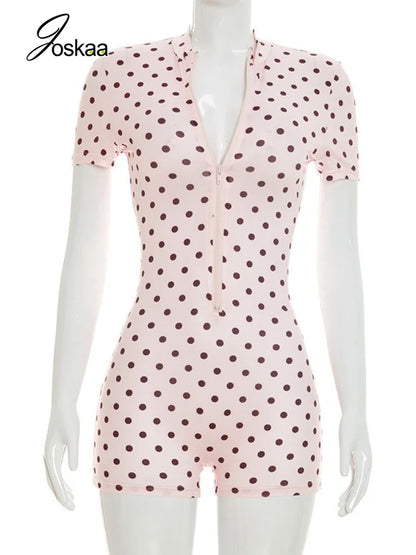 Women's Polka Dot Short Sleeve Bodycon Romper Pink – Back View