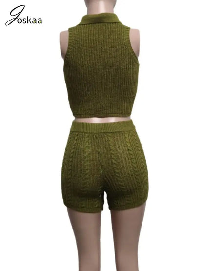 Wholesale Women's Knit Crop Ribbed Two Piece Set Army Green – Detail View