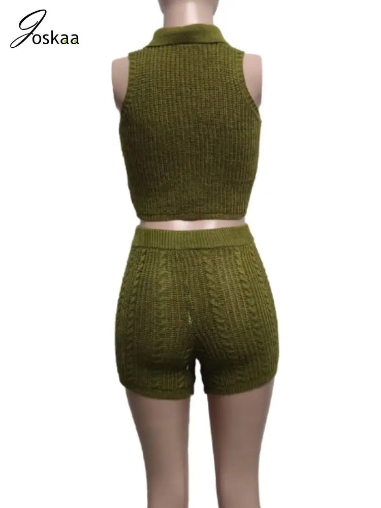 Wholesale Women's Knit Crop Ribbed Two Piece Set Army Green – Detail View