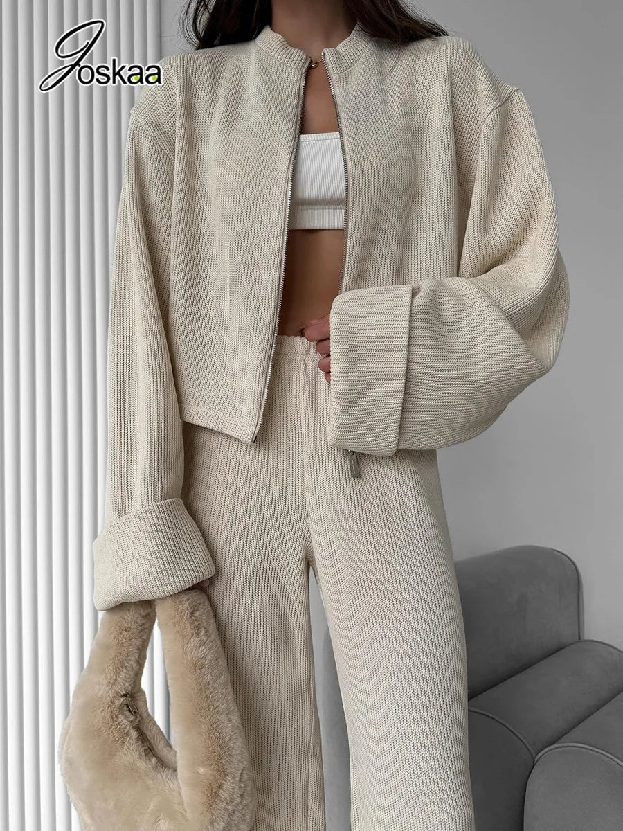 Women's Knit Long Sleeve Ribbed Zip Wide Two Piece Set Apricot – Detail View