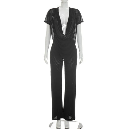 Women's Mesh Flare Deep V-neck Two Piece Set