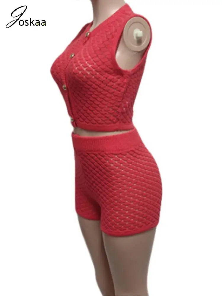 Women's Knit Sleeveless Ribbed Two Piece Set Orange Red – Detail View