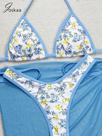 Women's Mesh Halter Swimwear Three-piece Bikini Set Flower Color – Detail View