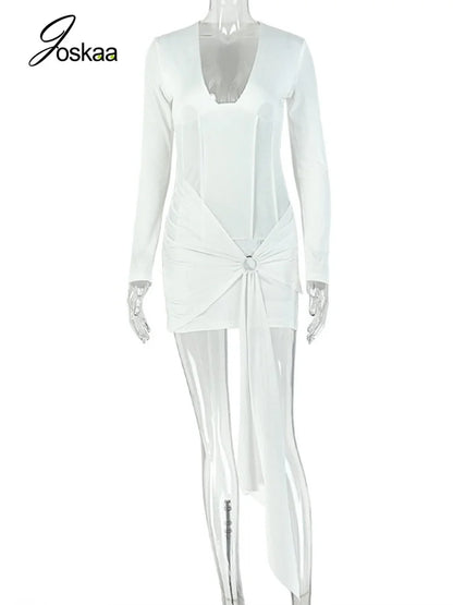 Women's Ruched V-neck Long Sleeve Bodycon Mini Dress White - Detail View 3