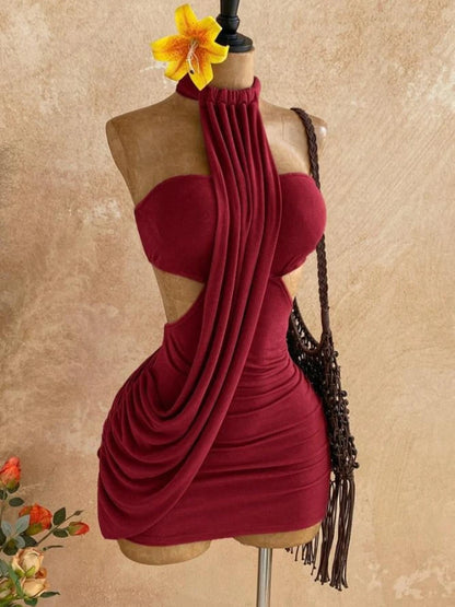 Joskaa Sexy Backless Irregular Halter Neck Mini Dress Women Asymmetrical Hem Bandage Wrap Design Slim Fit Dresses Party Clubwear