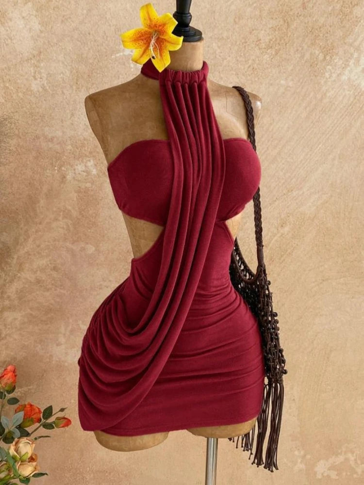 Joskaa Sexy Backless Irregular Halter Neck Mini Dress Women Asymmetrical Hem Bandage Wrap Design Slim Fit Dresses Party Clubwear