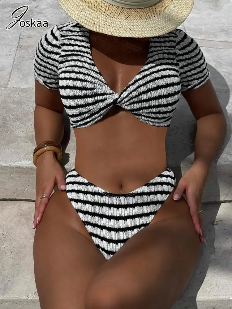 Women's Stripe Short Sleeve Swimwear Bikini Set – Women's Fashion Wholesale – Front View