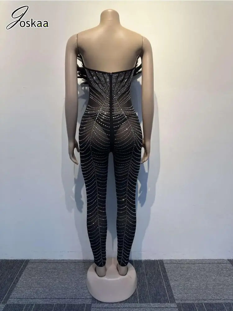 Women's Rhinestone Mesh Strapless Romper Black – Back View