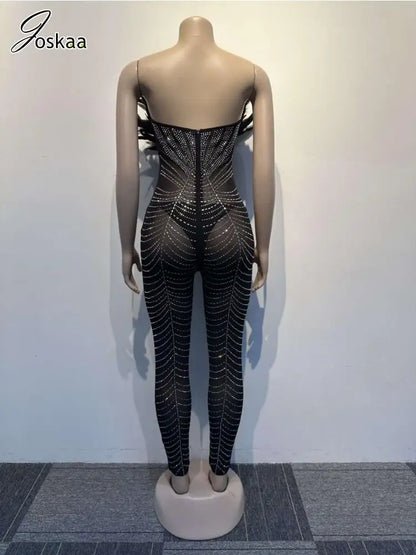 Women's Rhinestone Mesh Strapless Romper Black – Back View