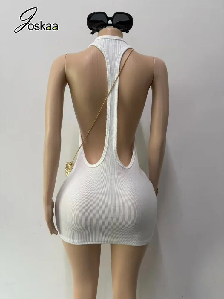 Women's Ribbed Knit Backless Halter Sleeveless Mini Dress - Detail View 4