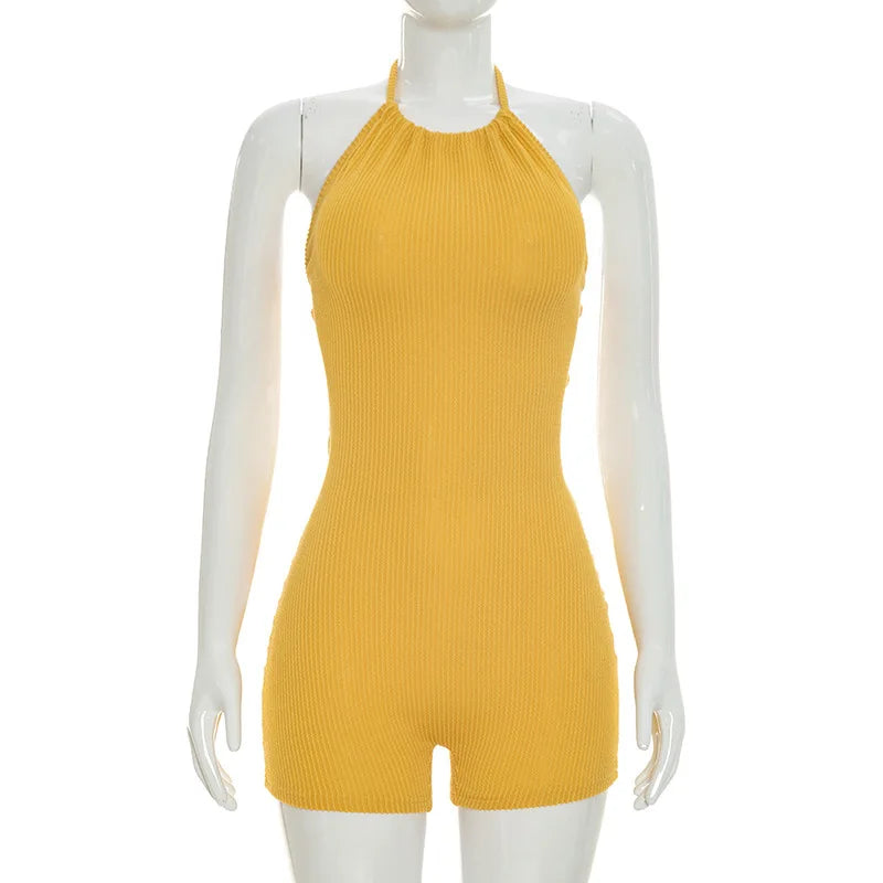 Women's Lace Knit Backless Halter Ribbed Romper