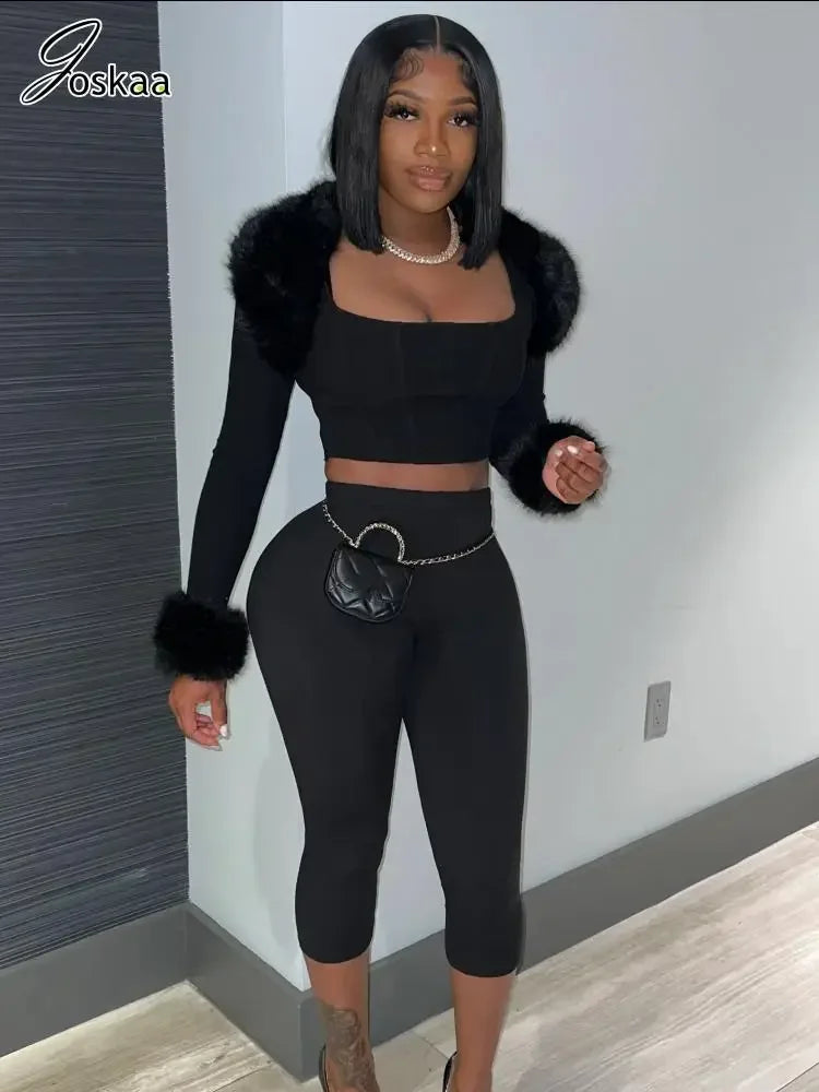 Women's Crop Faux Fur Patchwork Two Piece Set Black – Front View