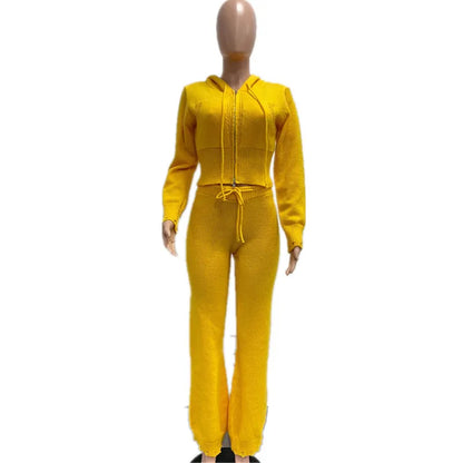 Women's Knit Long Sleeve Ribbed Zip Hooded Two Piece Set