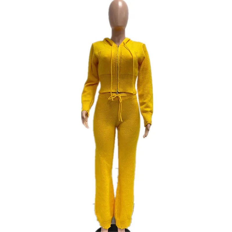 Women's Knit Long Sleeve Ribbed Zip Hooded Two Piece Set