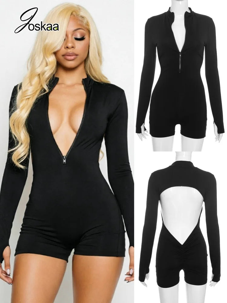 Women's Ruched Cutout Zip Up Long Sleeve Romper - Women's Fashion Wholesale - Front View