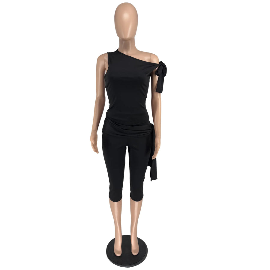 Women's One Shoulder Crop Sporty Oblique Two Piece Set