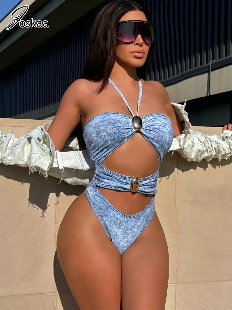 Women's Denim Backless Cutout Bikini Set – Women's Fashion Wholesale – Front View