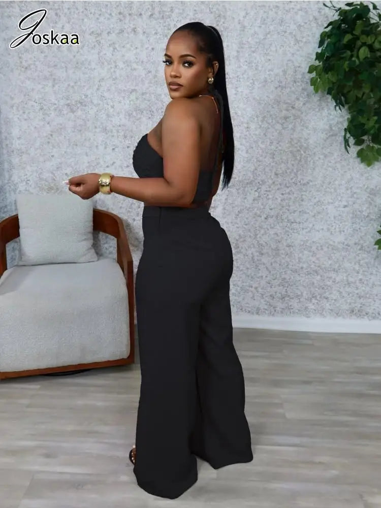 Women's Ruched Halter Strapless Two Piece Set Black – Side View