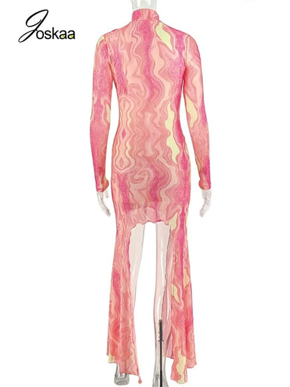 Women's Swirl Print Mesh Cutout Long Sleeve Maxi Dress - Detail View
