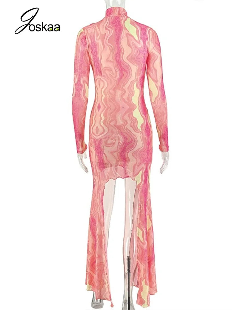 Women's Swirl Print Mesh Cutout Long Sleeve Maxi Dress - Detail View