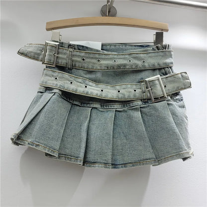 Women's Denim Mini Pleated Retro Low Skirt