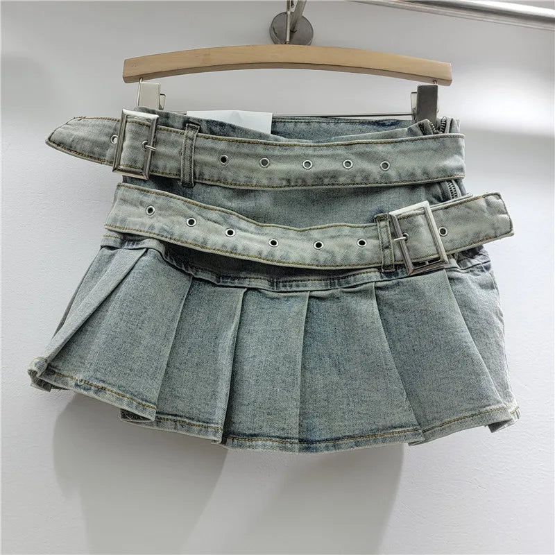 Women's Denim Mini Pleated Retro Low Skirt
