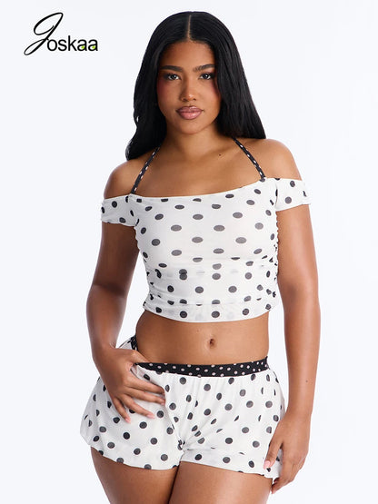 Women's Polka Dot Halter Short Sleeve Two Piece Set Black – Side View