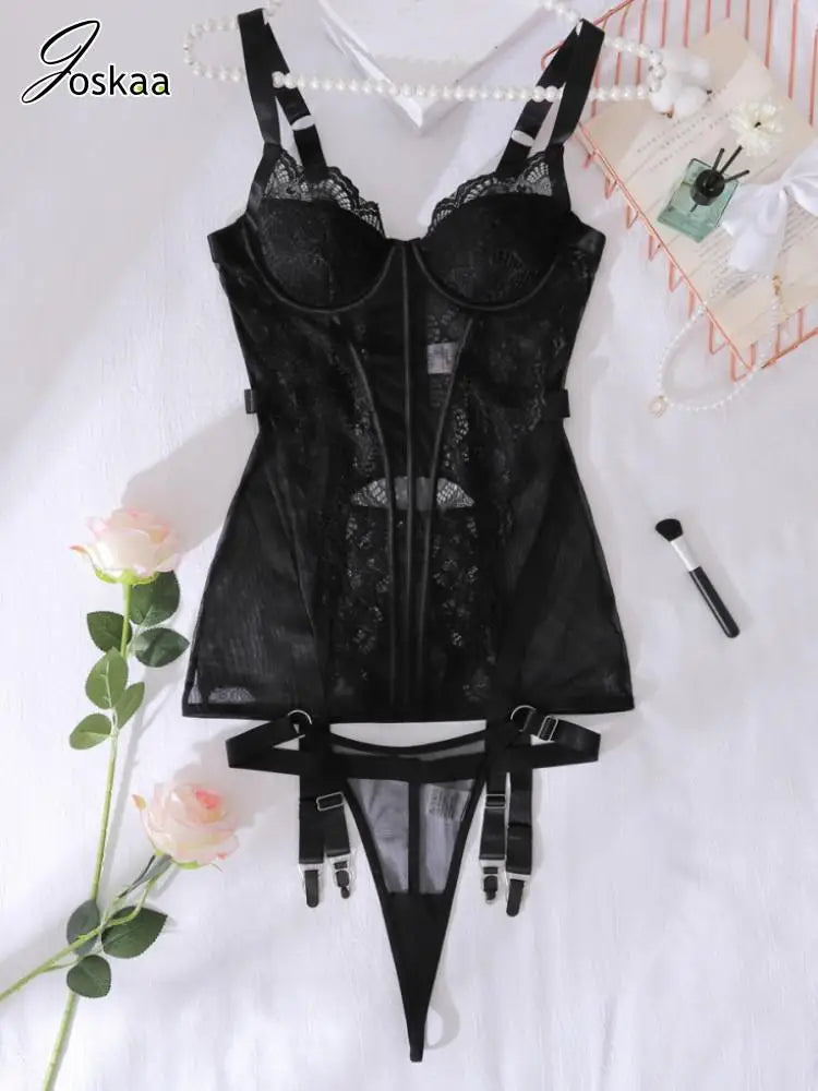 Women's Lace Mesh Lingerie Sheer Adjustable Two Piece Set Black – Back View