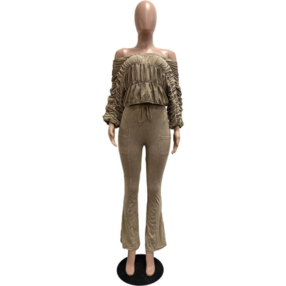 Women's Ruched Long Sleeve Crop Two Piece Set