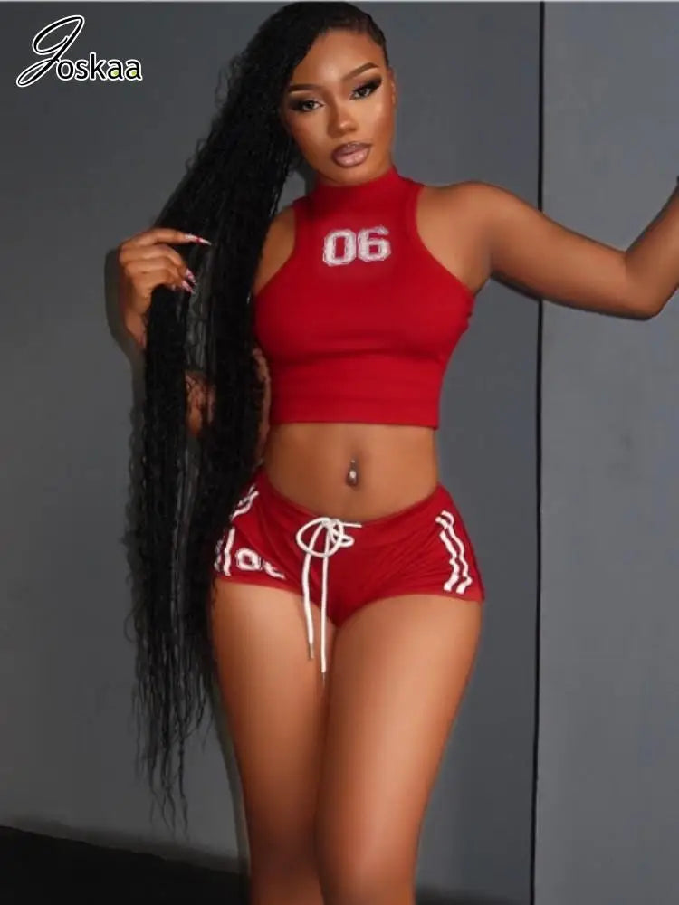 Women's Crop Number Sporty Two Piece Set Red – Front View