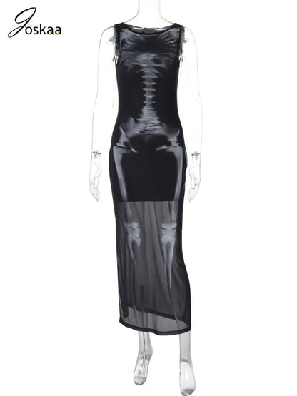 Women's Mesh Sleeveless Bodycon Maxi Dress Black – Back View