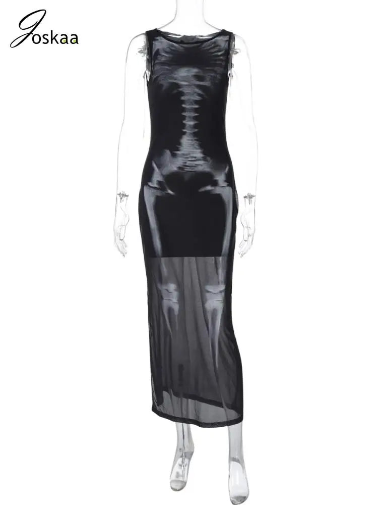 Women's Mesh Sleeveless Bodycon Maxi Dress Black – Back View