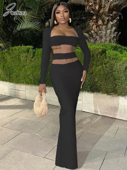 Women's Cutout Long Sleeve Crop Two Piece Set Black – Front View