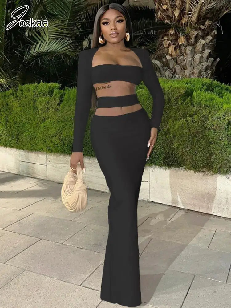Women's Cutout Long Sleeve Crop Two Piece Set Black – Front View
