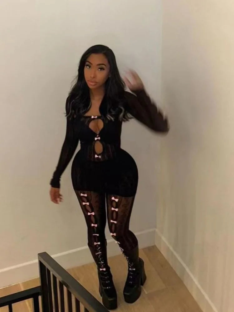 Women's Cutout Long Sleeve Two Piece Set Black – Front View