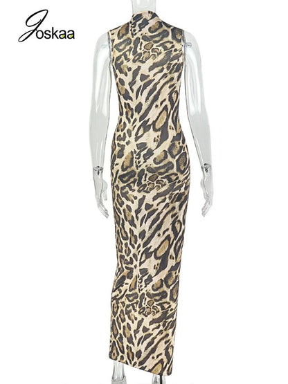 Women's Leopard Print Sleeveless Bodycon Maxi Dress - Detail View