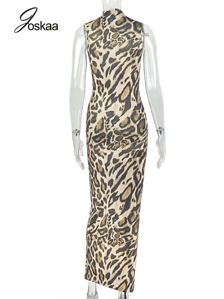 Women's Leopard Print Sleeveless Bodycon Maxi Dress - Detail View