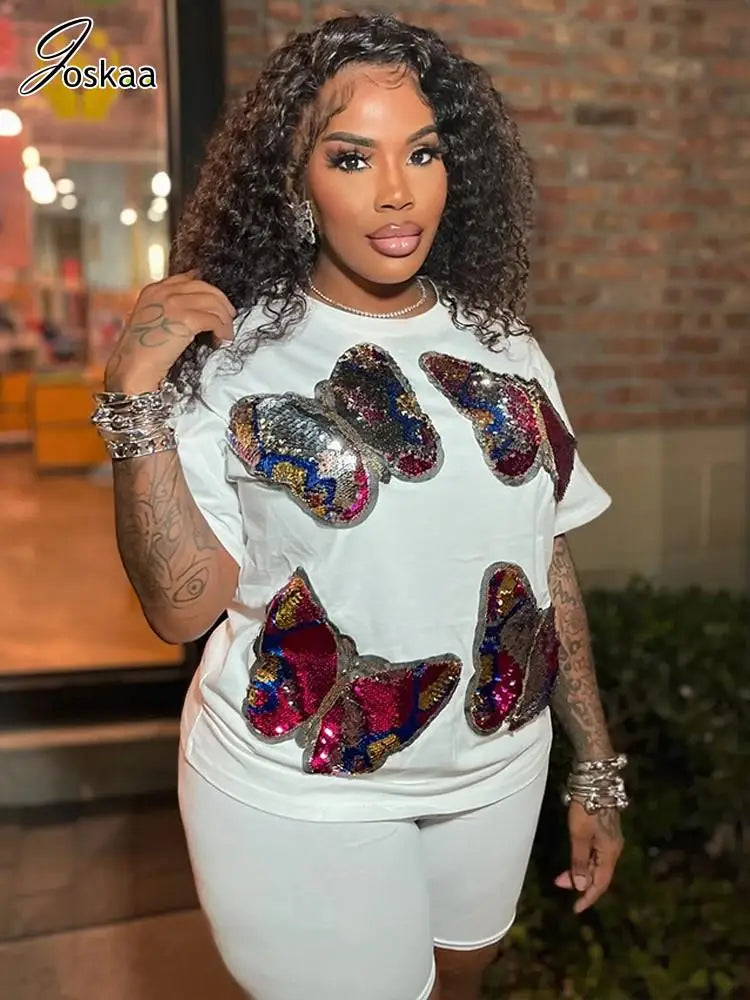 Women's Sequin Short Sleeve Two Piece Set Black – Front View